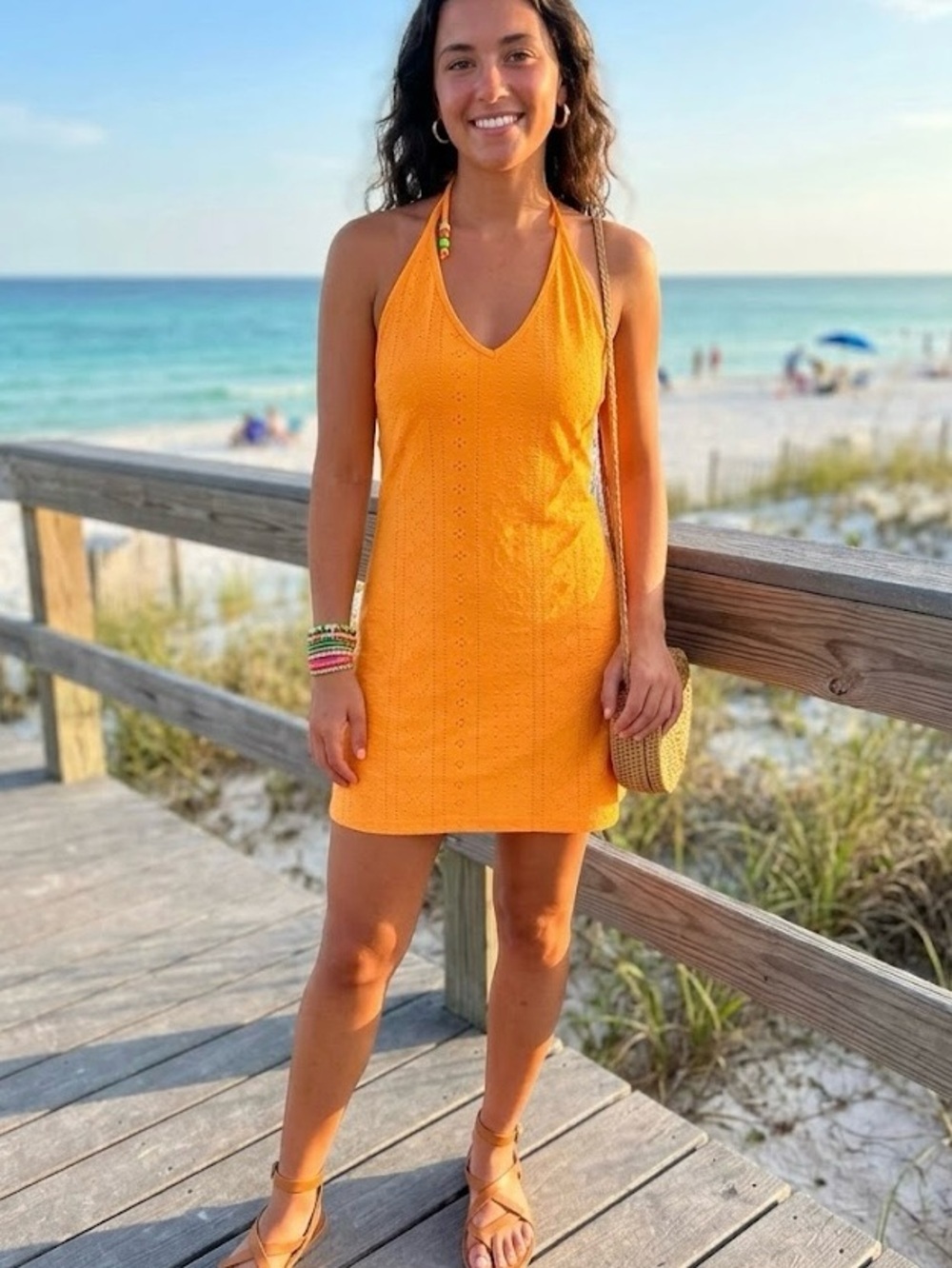 Wild Fable Neon Orange Halter Mini Dress Beaded Detail Festival Beach Hawaii